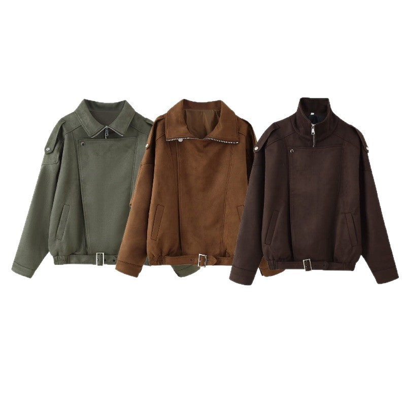 Dam Kort Jacka i Biker Blouson Stil med Bälte och Asymmetrical Lock