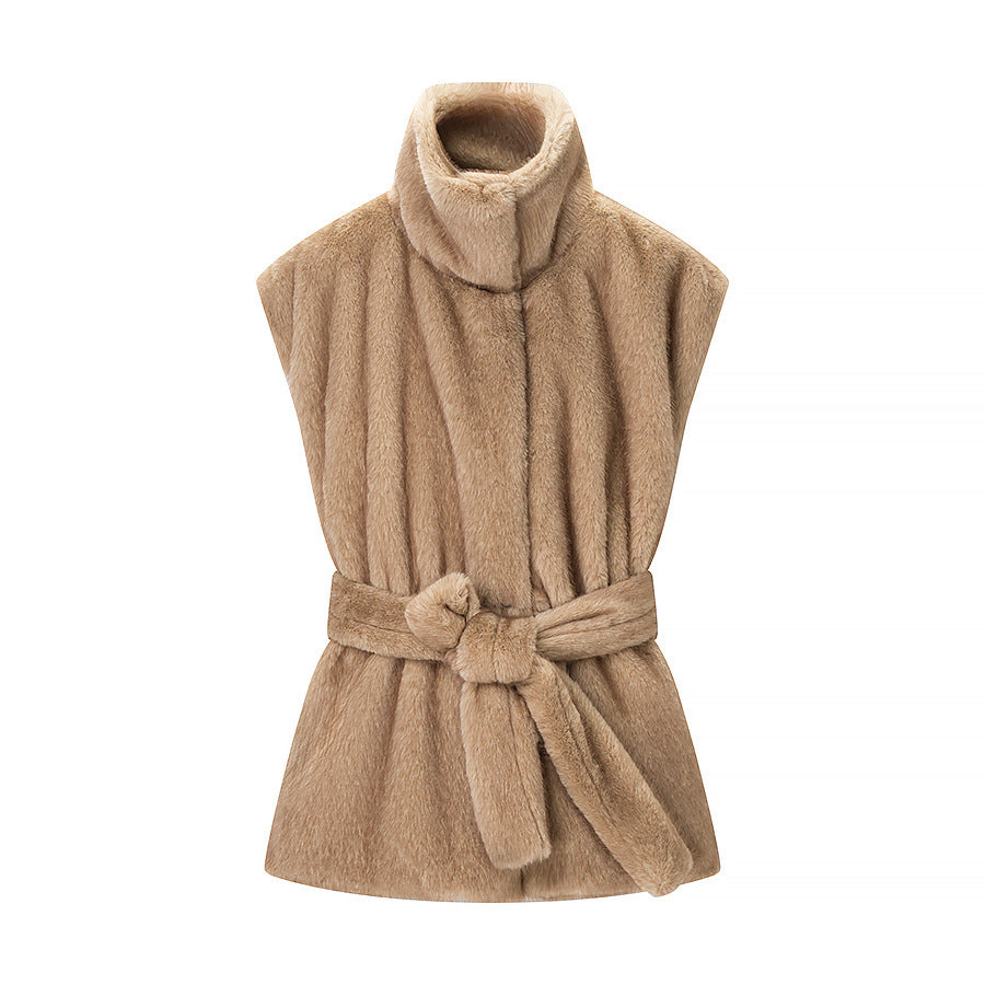 Dam ärmlös Faux Fur väst med hög ståkrage och skräddad knytband