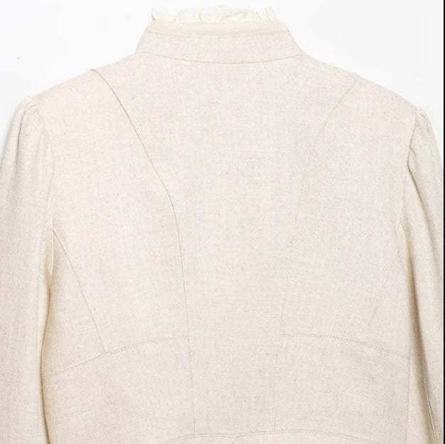 Dam Kort Military Blazer med Stå Krage, Dekorativ Knapp-Free Row och Pleated Ärmar