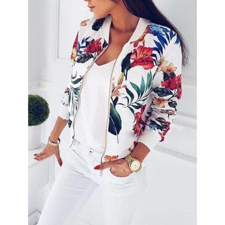Dam blousonjacka med floral alla-över tryck, dragkedja och ribbstickade muddar