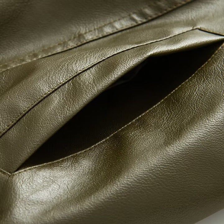 Dam Oversized Konstläder Blouson med Elastic Fåll, Slanted Dragkedja Bröstficka och Dragkedja Ärmar