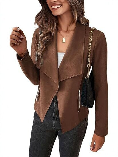 Dam Faux Mocka Waterfall Blazer med Asymmetrical Fåll och Fickor med Dragkedja