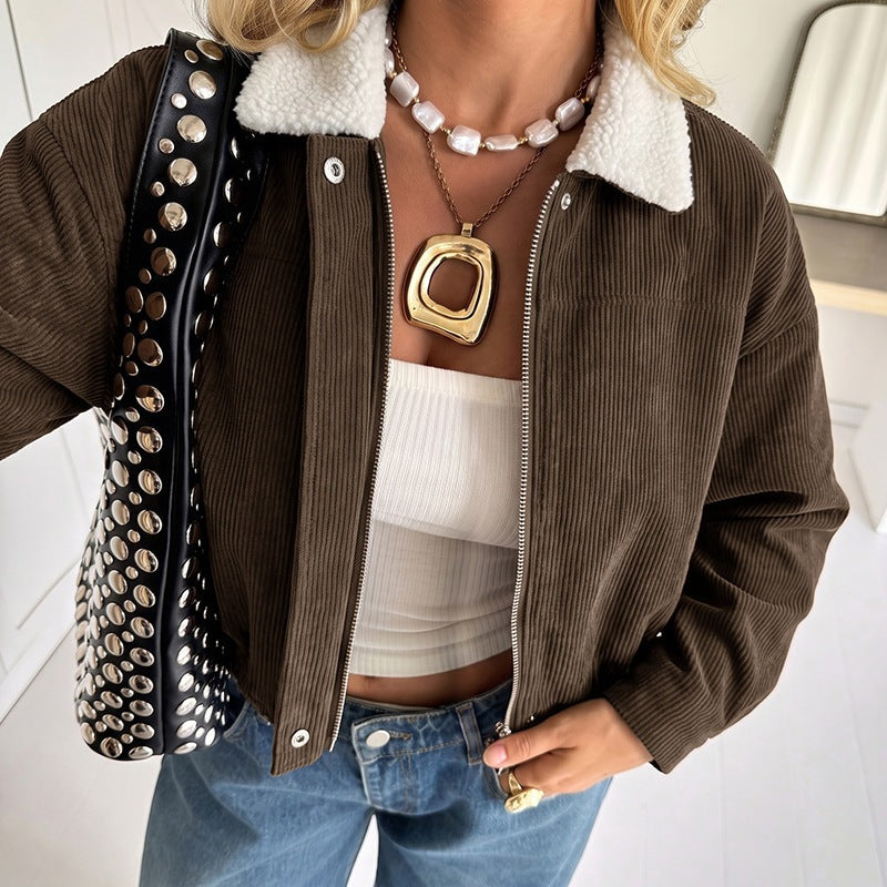 Dam Kort Skärning Cord Jacka med Teddy Foder och Sheep Krage