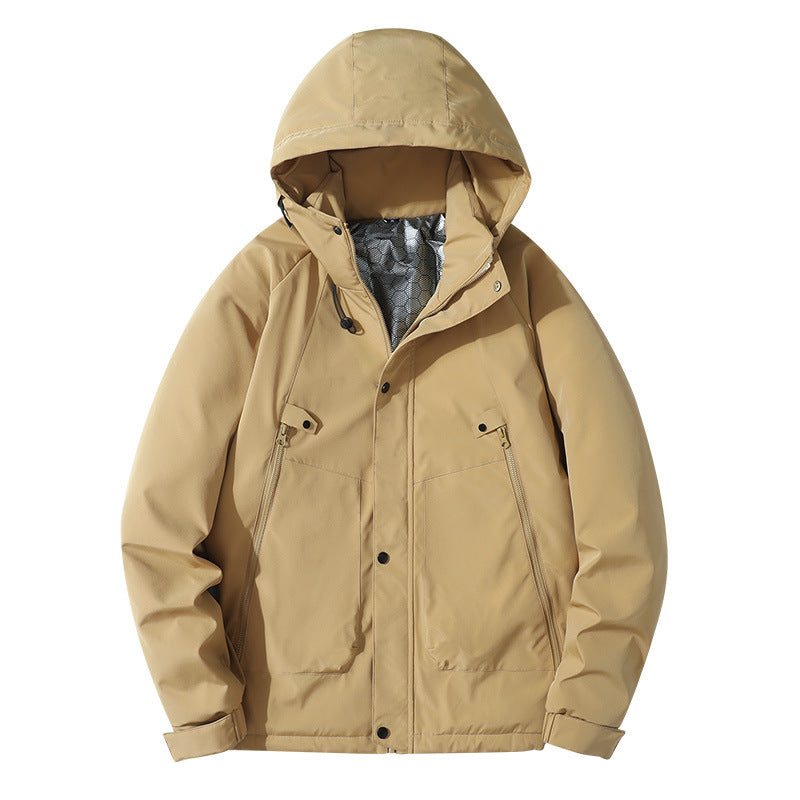 Herr lätt med huva Jacka tillverkad av softshell med värmande foder och Minimalistisk Dragkedja Fickor