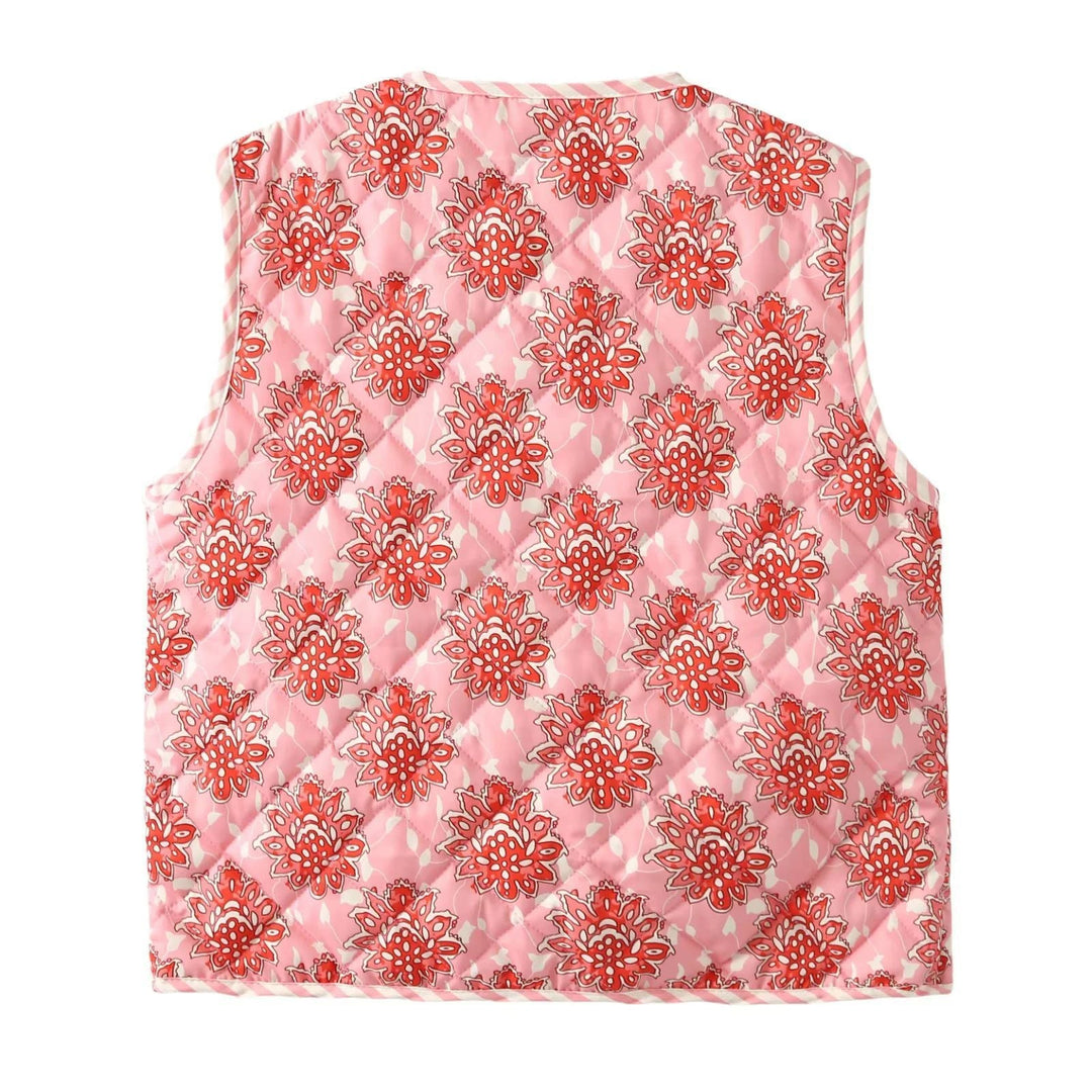 Dam quiltad vests med floral alla-över mönster och ties