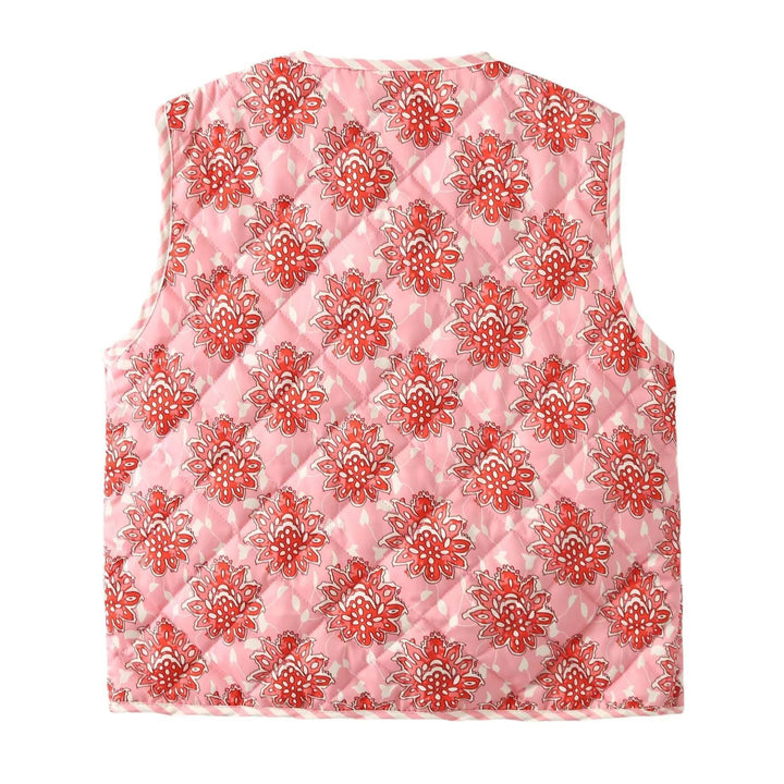 Dam quiltad vests med floral alla-över mönster och ties