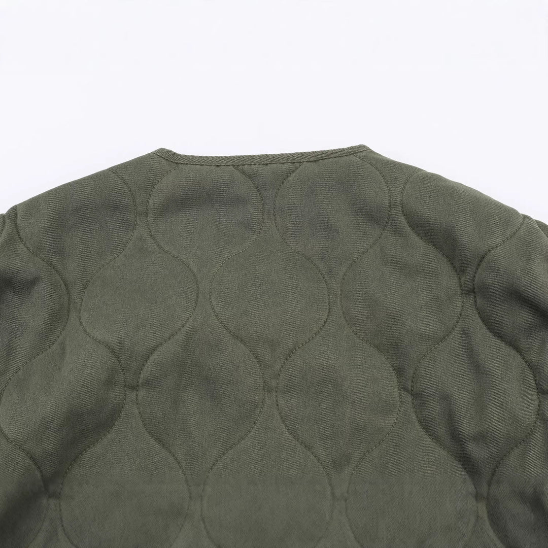 Dam Kort Quiltad Övergångsjacka med Round Neckline, Drawstring Waist och Dold Dragkedja Knäppning