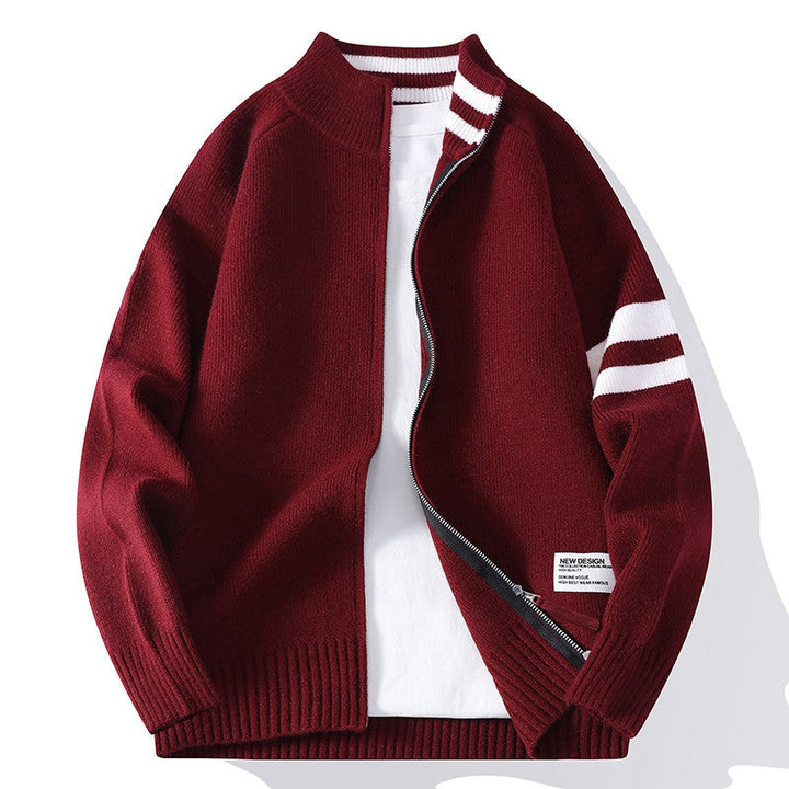 Herr Stickad Dragkedja Cardigan i College Stil med Randig Ärm Band och Ribbad Ståkrage