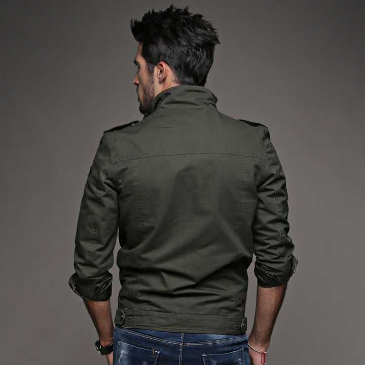 Herr Canvas Utility Fält Blouson med Standing Krage, Epaulettes och Multifunctional Fickor