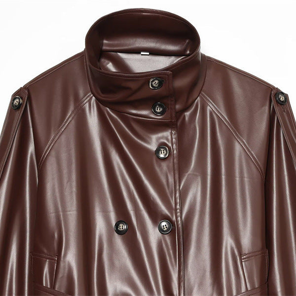 Dam kort konstläder Blouson med hög krage, Double knappslå och knytband