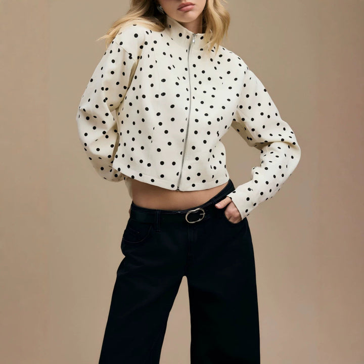 Dam Polka Dot kort jacka med Stand krage och dragkedja
