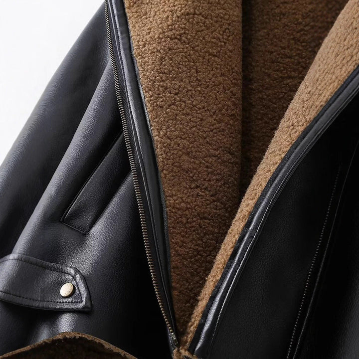 Dam Kort Skärning Aviatorjacka i Läderlook med Asymmetrisk Dragkedja och Teddy Foder