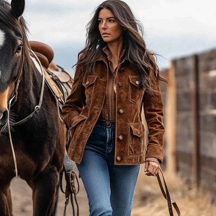 Dam kort jacka in ranch-worker look gjord mocka look med flap fickor och visible knappslå