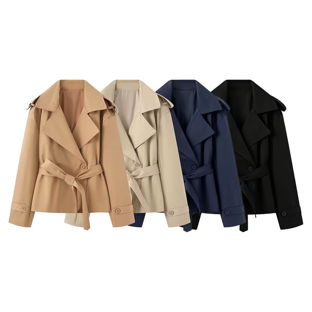Dam Kort Trenchcoat med Wide Shawl Krage och Waist Tie Belt