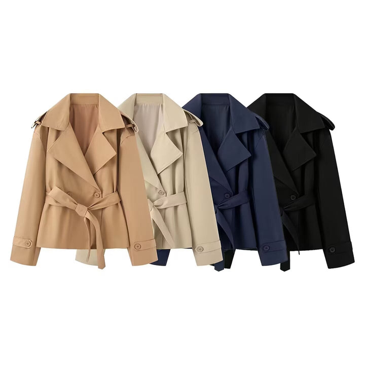 Dam Kort Trenchcoat med Wide Shawl Krage och Waist Tie Belt