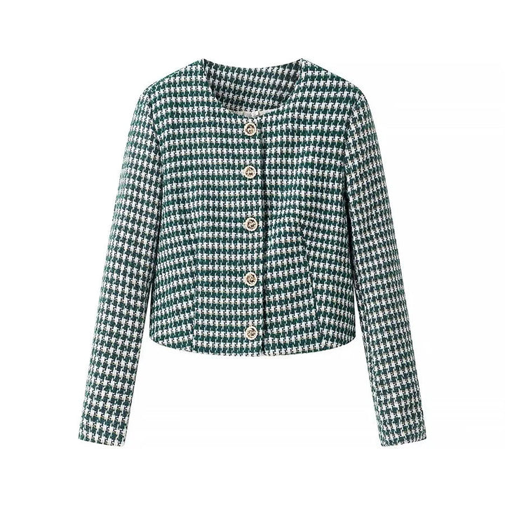 Dam kort bouclé blazer i cropped stil med houndstooth mönster, round neckline och decorative knappar
