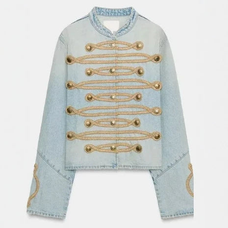 Dam Kort Denimjacka i Military Stil med Dekorativ Cord Application