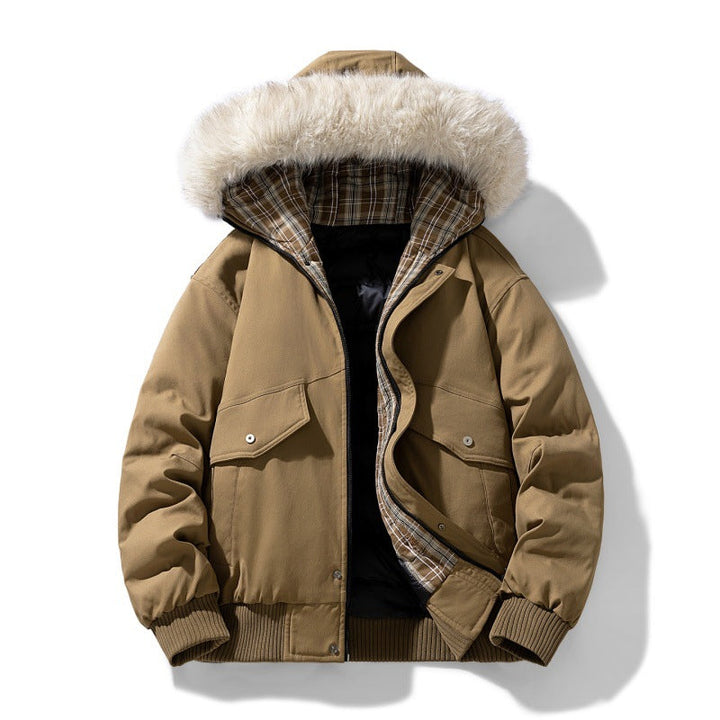 Herr Vadderad Vinter Jacka med Faux Fur Huva, Quiltad Checkered Foder och Bomber Muddar