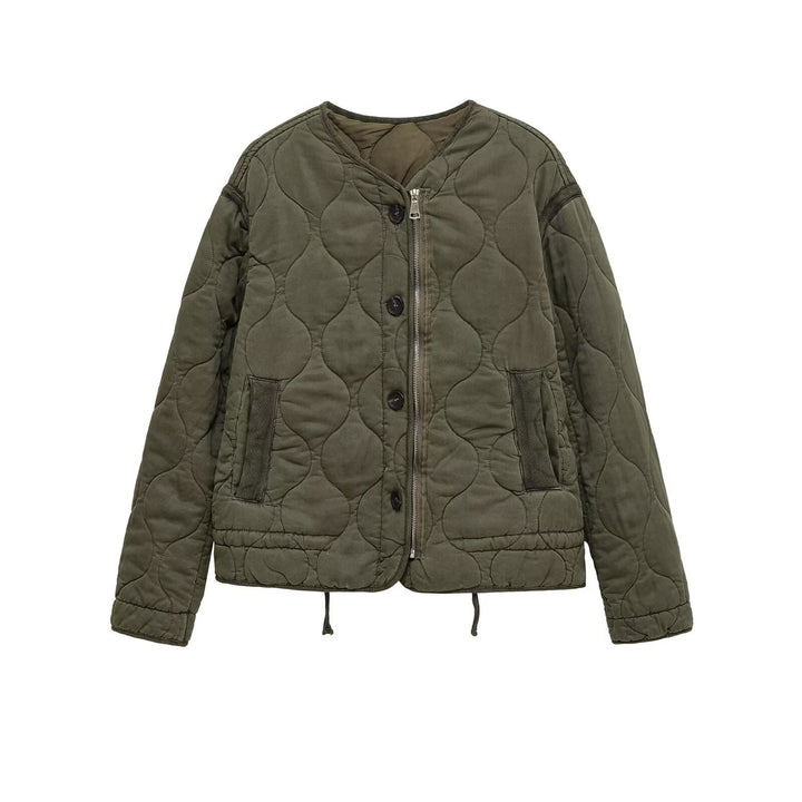 Dam Quiltad Övergångsjacka med Dragkedja och Knapplist, Round Neck och Dragsko