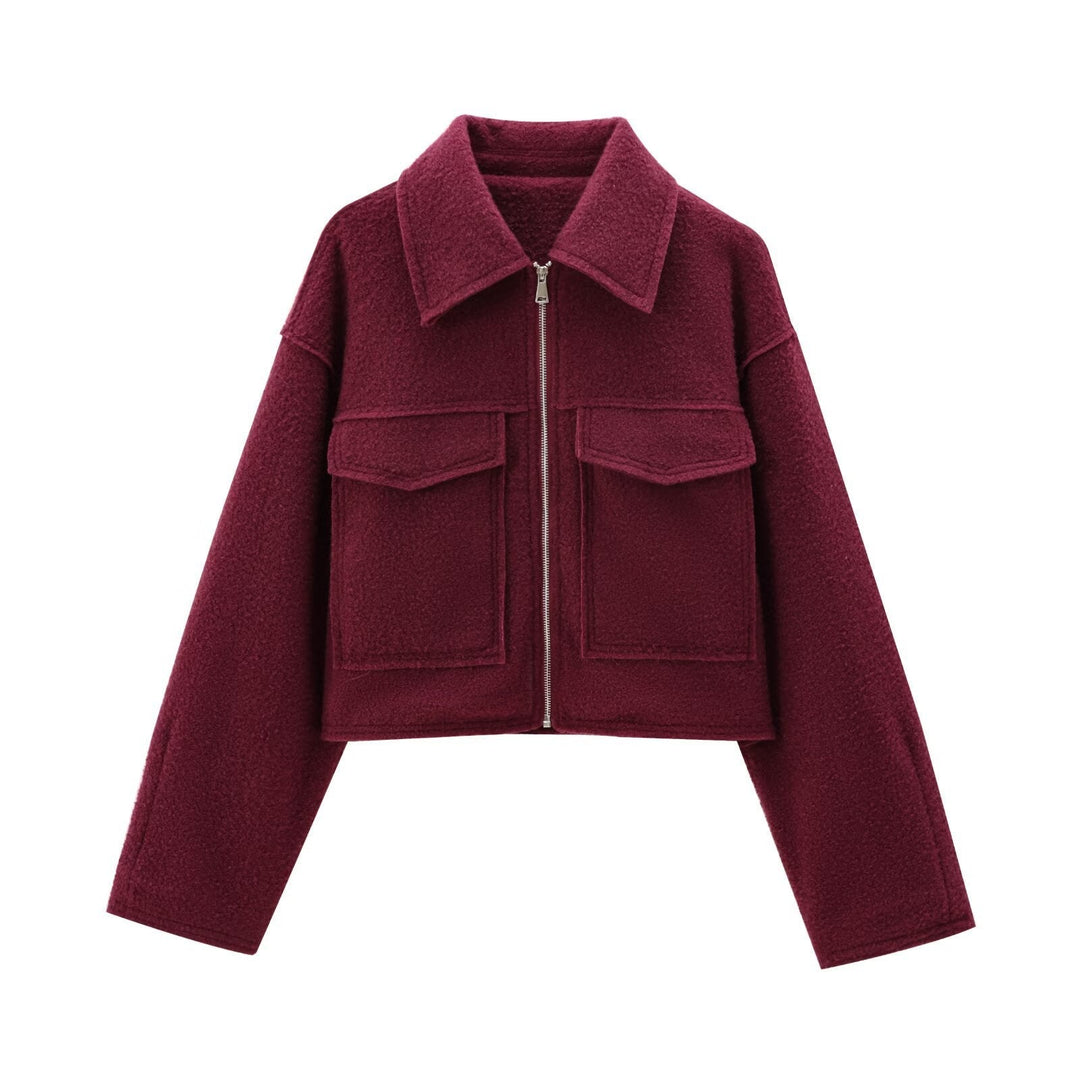 Dam kort Boucle jacka in boxig skärning med Zip och Flap fickor