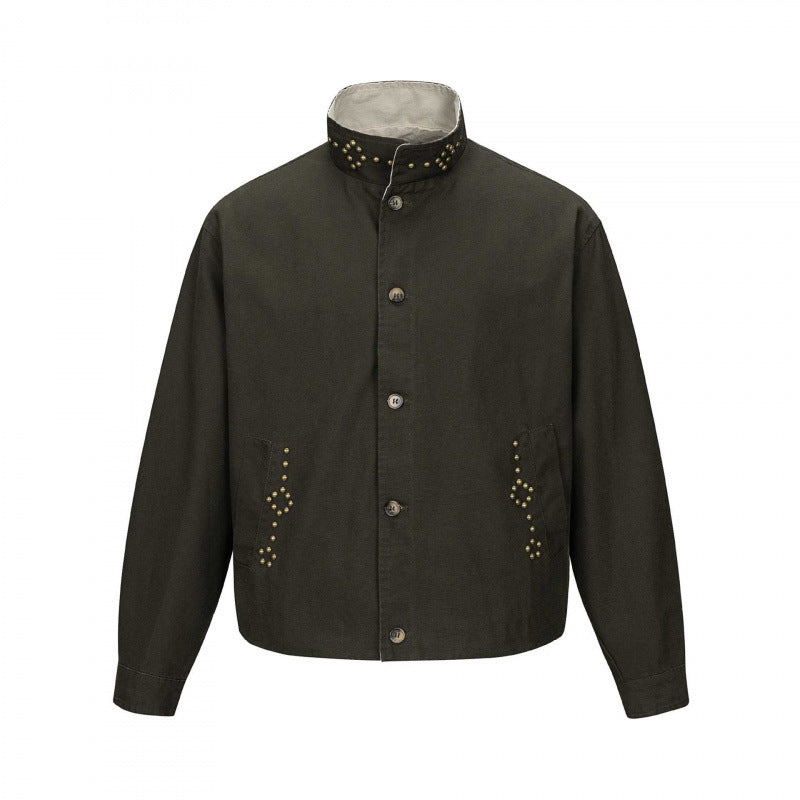 Herr kort skärning boxig canvas jacka med studded detalj och ståkrage