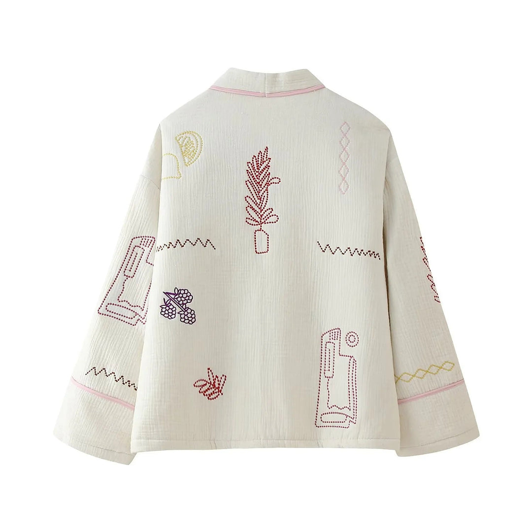 Dam non-quiltad kimono jacka med decorative embroidery, påsydda fickor, och avslappnad oversized skärning