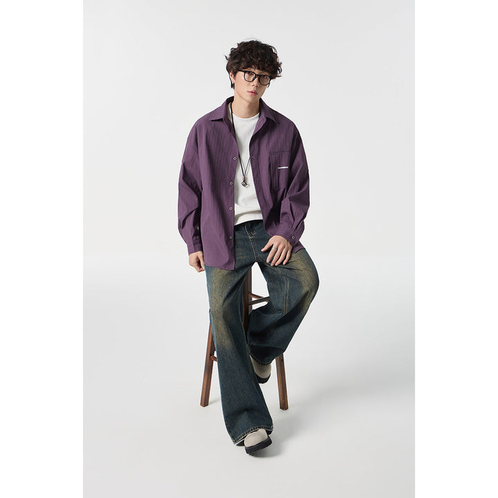 Unisex Oversized Skjorta Jacka med Strukturerad Ribbad Look och Lapp Breast Ficka