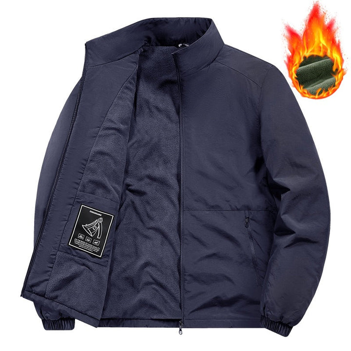 Herr Fleece-Fodrad Vindjacka med Standing Krage, Termisk Foder &amp; Dold Dragkedja Fickor