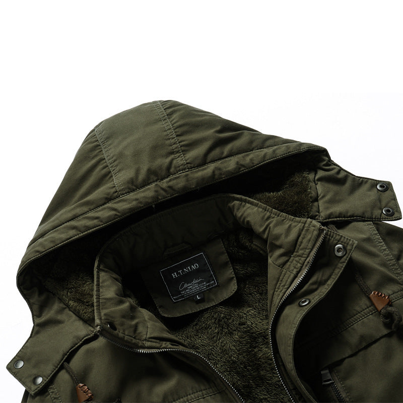 Herr Canvas Militär Parka med Teddyfoder, Huva, och Multifunctional Fickor