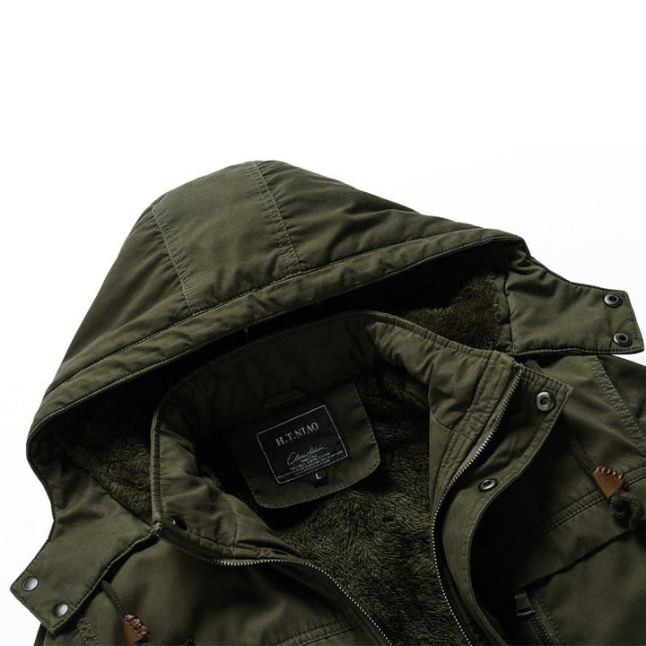 Herr Canvas Militär Parka med Teddyfoder, Huva, och Multifunctional Fickor