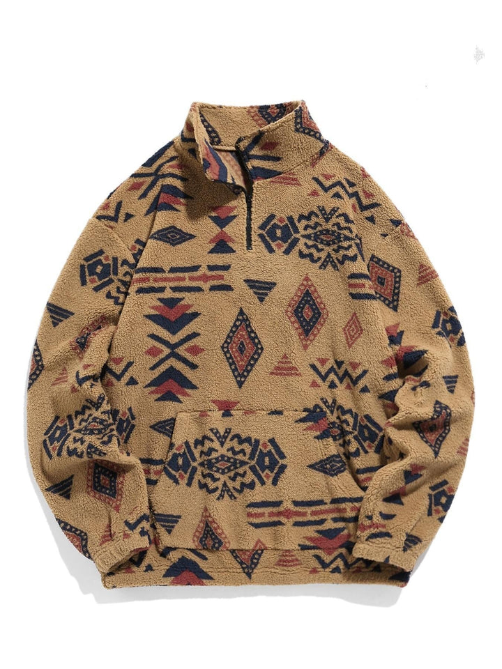Herr Bekväm Fleece Pullover med Halv Dragkedja och Geometrisk Mönster