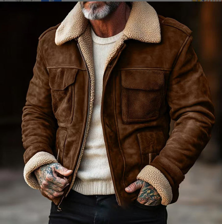 Herr Flight Jacka Tillverkad av Suede Läder med Teddyfoder och Utanpåfickor