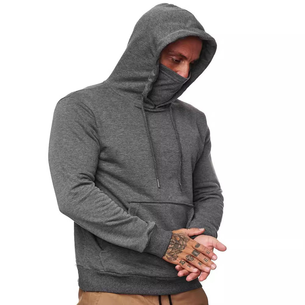 Herr Luvtröja med Integrated Tube Krage Face Mask, Känguruficka och Ribbstickade Muddar