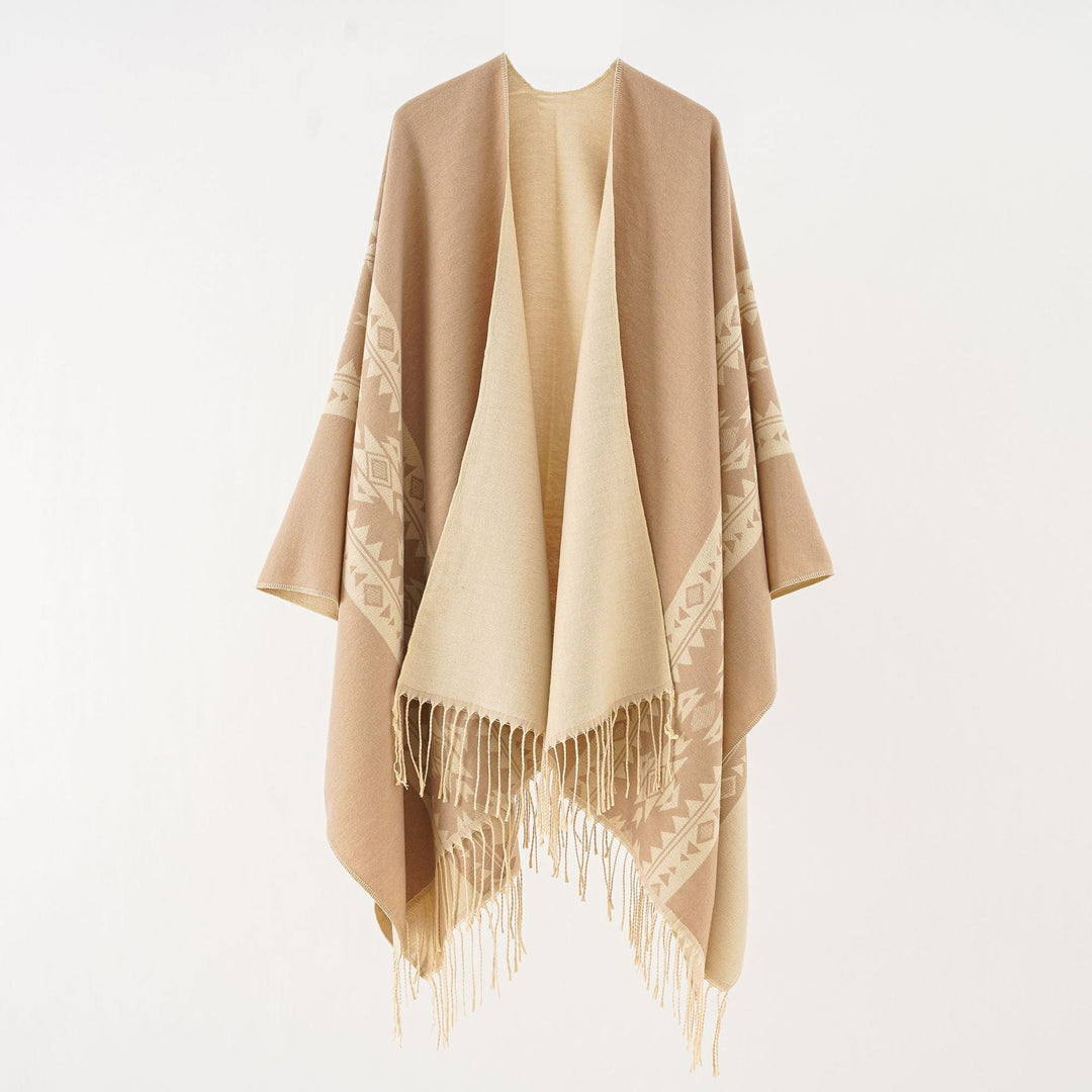 Dam Oversize poncho med Fringes och Jacquard mönster
