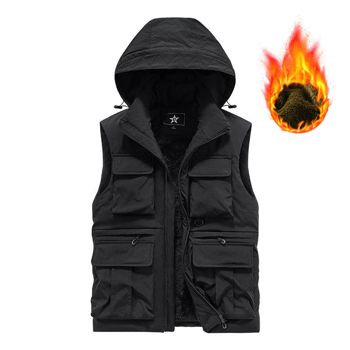 Herr Insulated Utility Väst med Huva, Teddyfoder och Multi-Functional Fickor