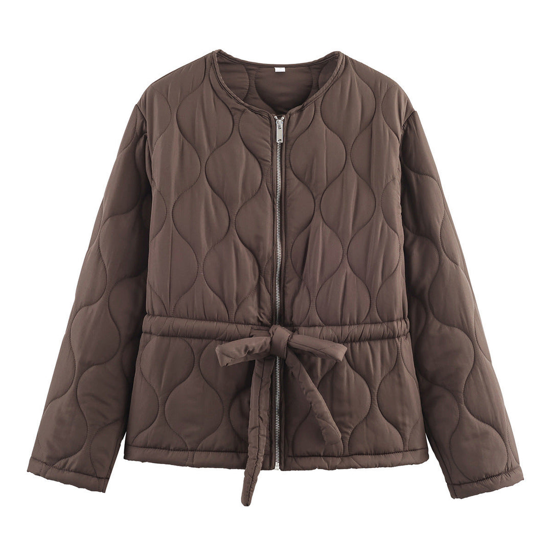 Dam non-quiltad kort jacka med round neckline, full-length dragkedja och midjebälte