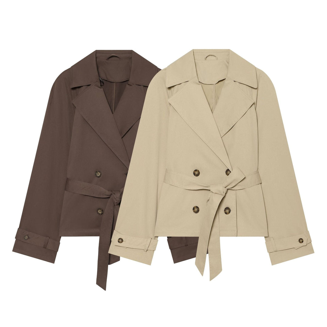 Dam Kort Tailored Trench Jacka med Belt, Double-Breasted Knapp Knäppning och Wide Lapels