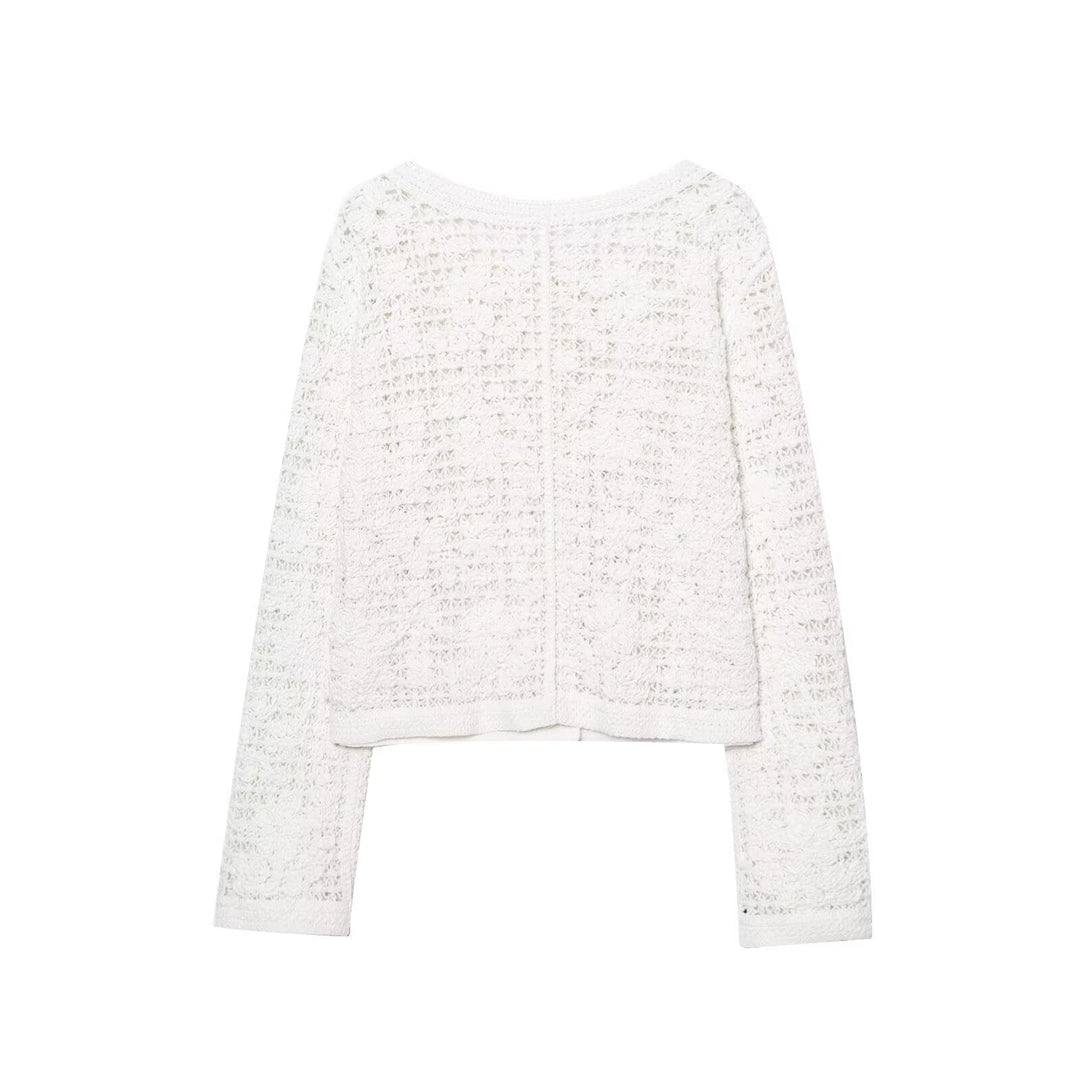 Dam Crocheted Kort Jacka i Boucle Look med Decorative Knappar och Utanpåfickor