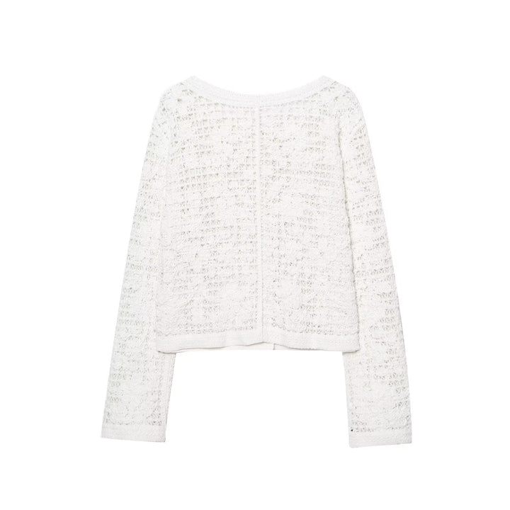 Dam Crocheted Kort Jacka i Boucle Look med Decorative Knappar och Utanpåfickor