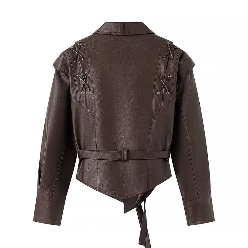 Dam Wrap läder jacka med midjebälte, Emphasized Shoulder Area och Feminine silhuett