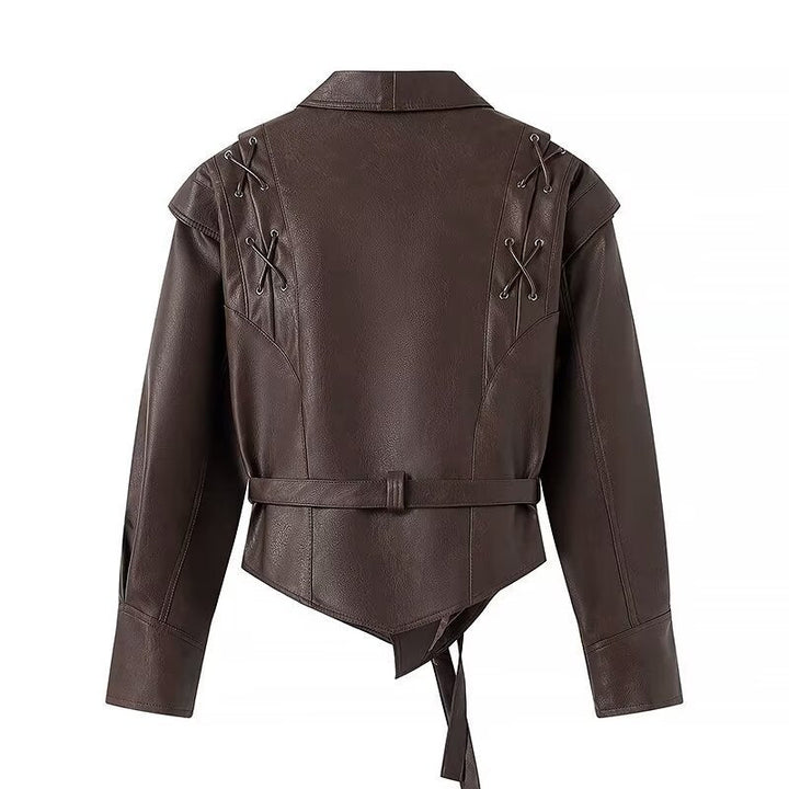 Dam Wrap läder jacka med midjebälte, Emphasized Shoulder Area och Feminine silhuett