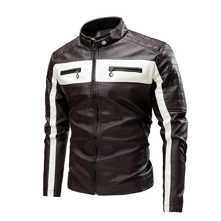 Herr biker läder jacka i colorblock design med vadderad axel section och ståkrage