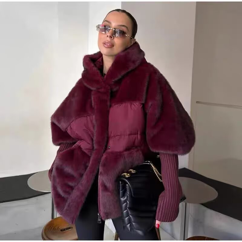 Dam Vadderad Kort Jacka med Faux Fur Insert, Huva och Ribbed Muddar