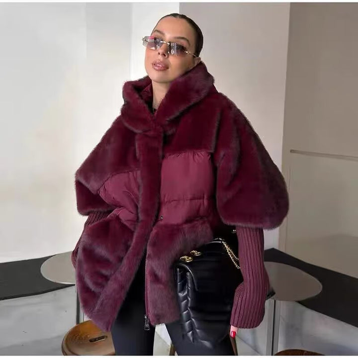 Dam Vadderad Kort Jacka med Faux Fur Insert, Huva och Ribbed Muddar