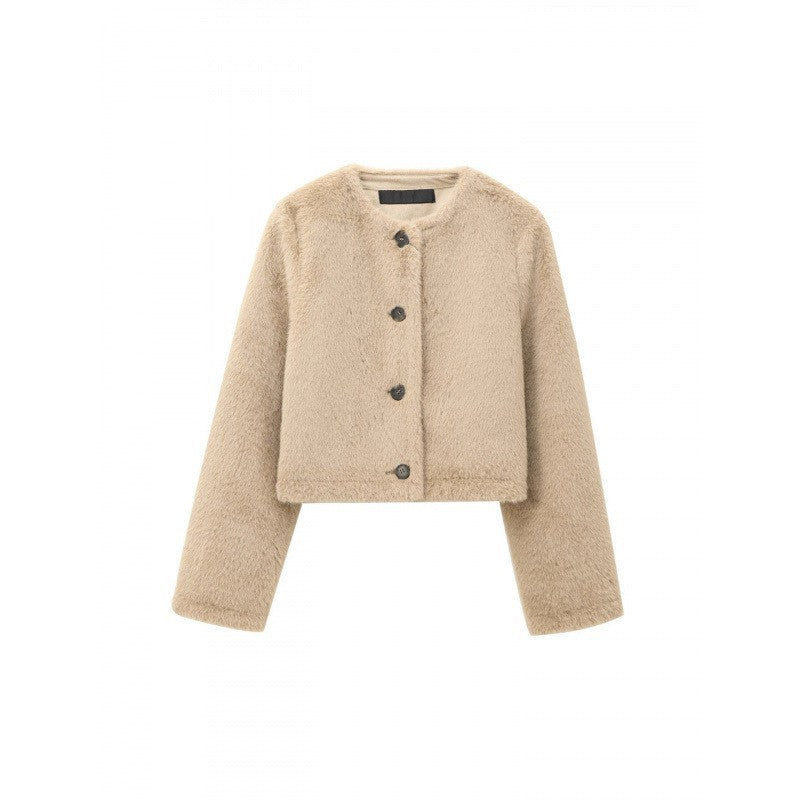Dam kort teddy jacka med Straight fåll, Round Neck och Horn knapp stängning