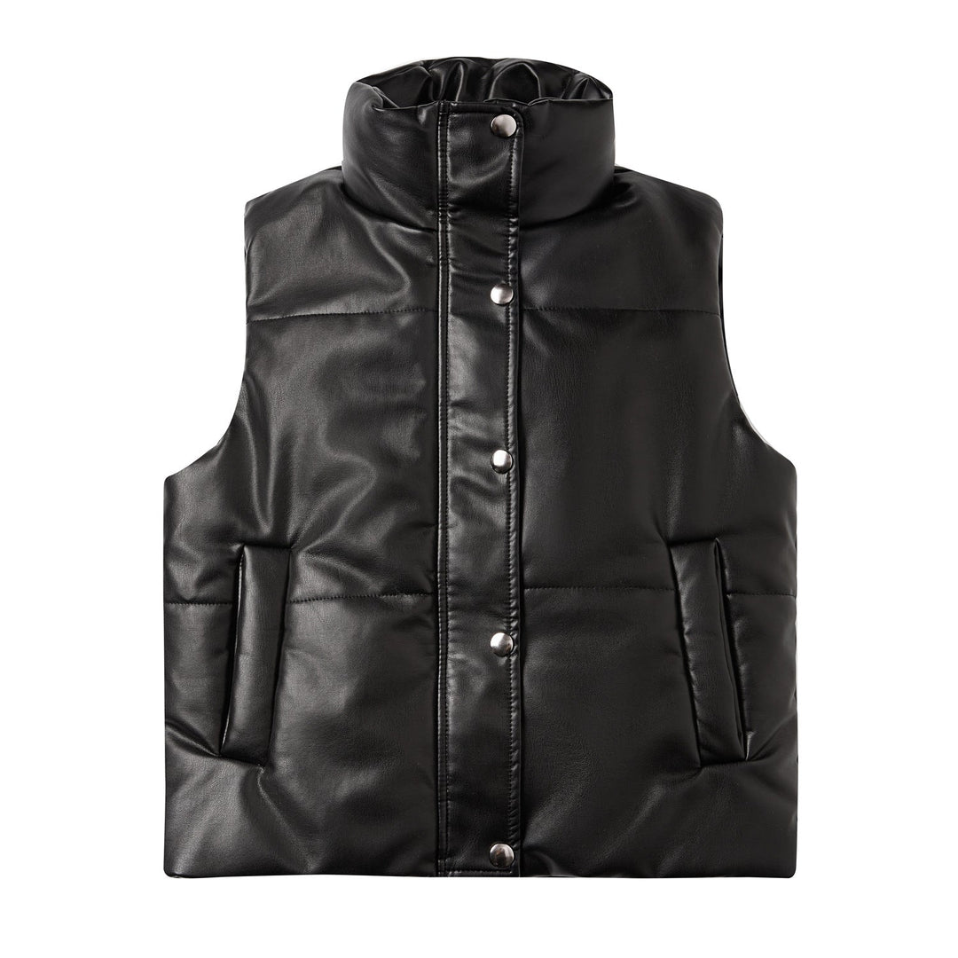 Dam quiltad konstläder väst med high standing krage och concealed snap knäppning