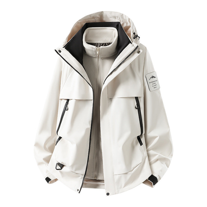 Herr modular vattentät utomhusjacka med avtagbar fleece inner jacka, huva, och fickor med dragkedja