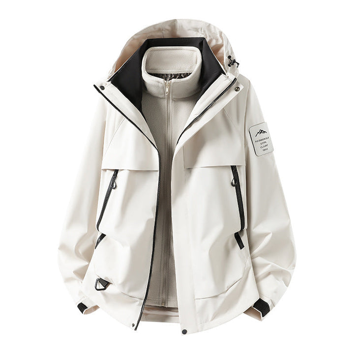 Herr modular vattentät utomhusjacka med avtagbar fleece inner jacka, huva, och fickor med dragkedja