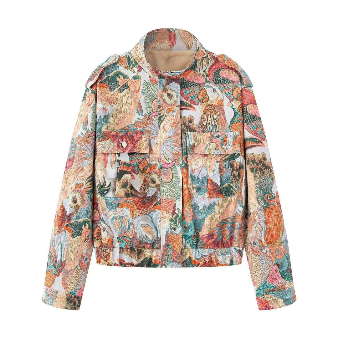 Dam Kort Bouclé Tapestry Jacka med Ornamental Bird Tryck, Patch Fickor och Stå Krage