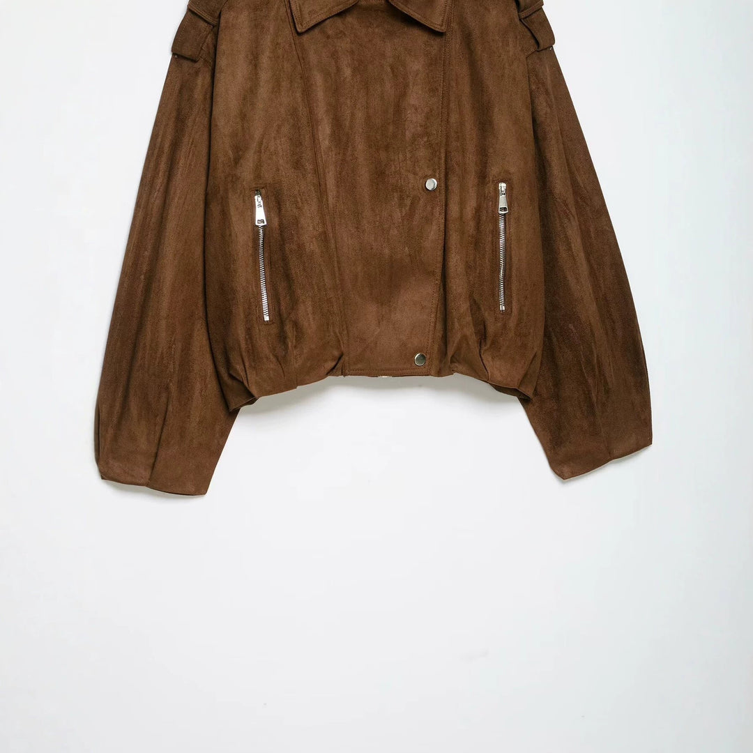 Dam Kort Skärning Suede Bikerjacka med Shoulder Flaps